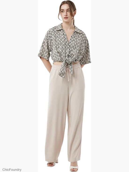Pants - Lightweight Crinkle Palazzo Pants with Adjustable Strap